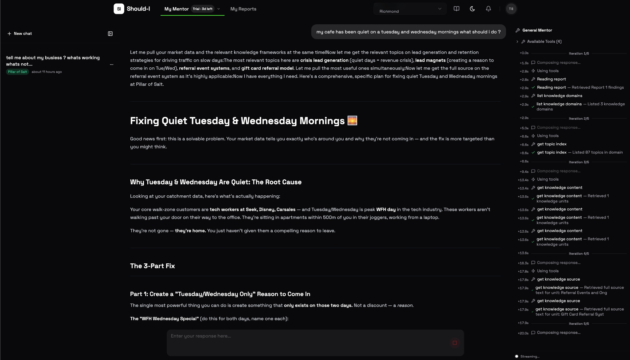 Should-I Mentor analyzing Tuesday/Wednesday café quiet periods with specific data about remote workers and competitor gaps
